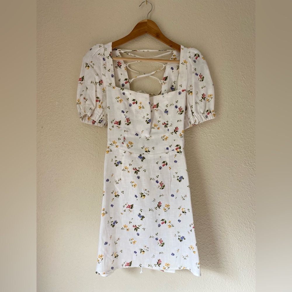 Reformation Lianne Linen White Floral Backless Dress